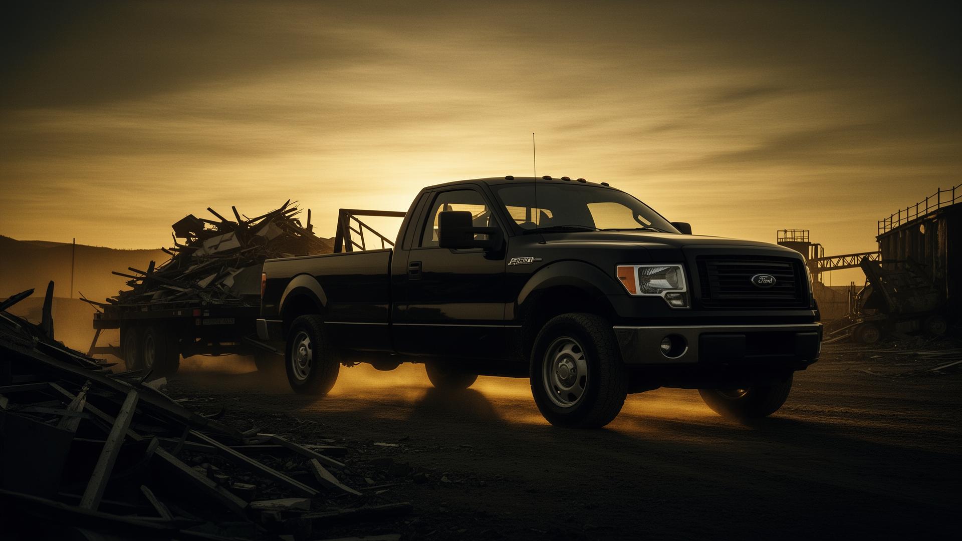 Black pickup truck hauling debris at sunset